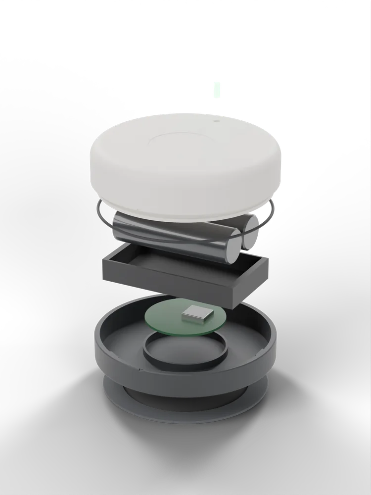 Exploded concept render, top to bottom: light pipe, twist-off cap, O-ring, two AA cells over their holder, the round green XM126 radar board, the graphite base, and the foam mounting ring.